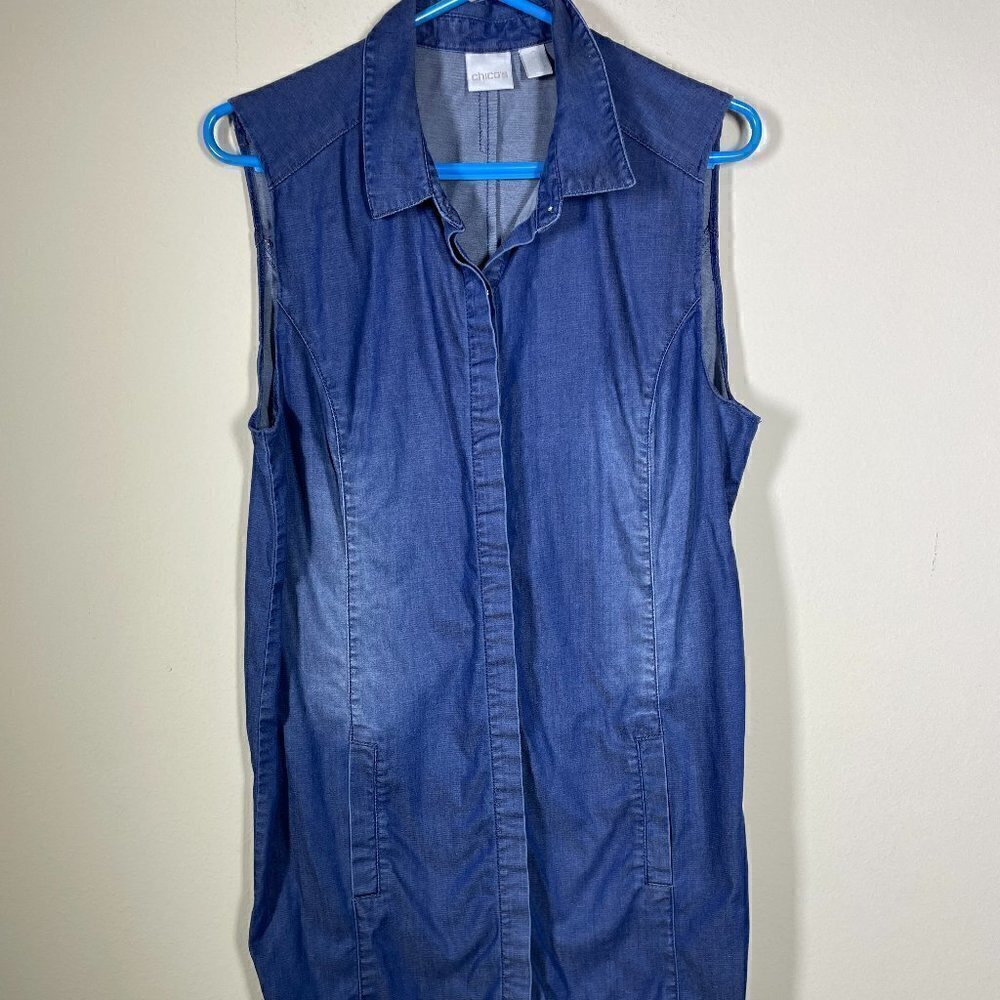 Chicos Womens Sleeveless Tunic Blouse Semi-Sheer Denim Haze Button-up